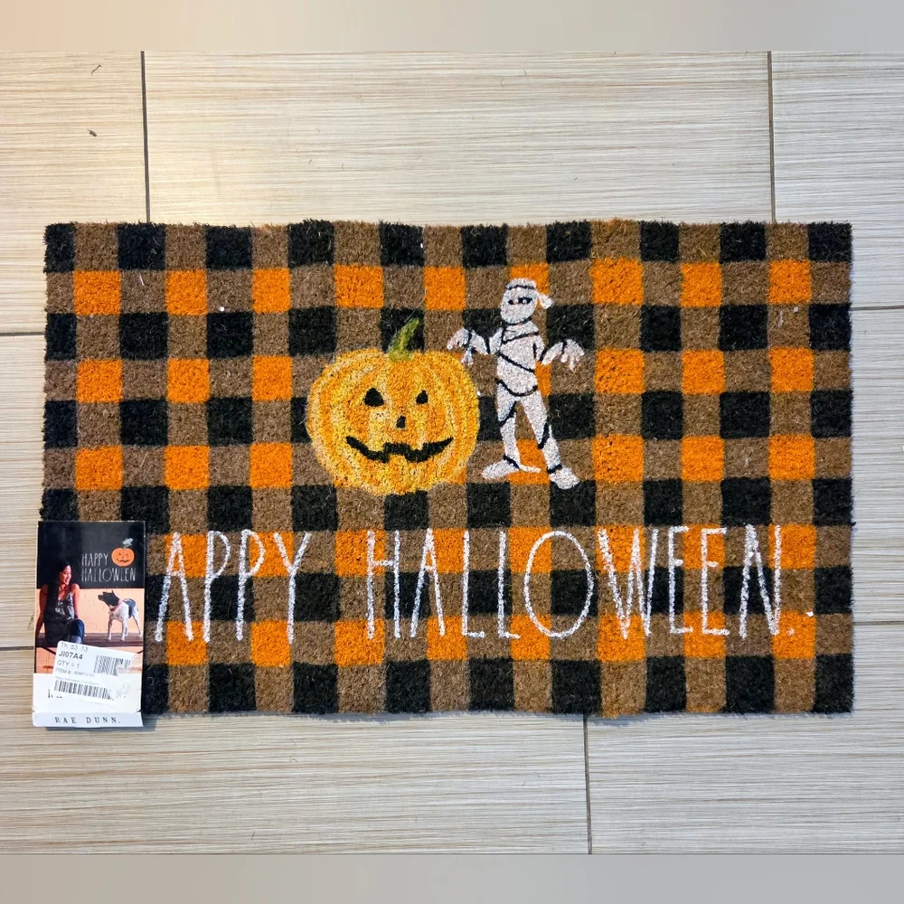 Rae Dunn Halloween Checkered Coir Doormat Orange and Black‎ Mummy Pumpkin